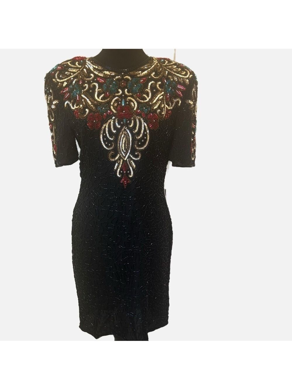 Vintage 80s SCALA Women’s Silk Beaded Sequin Dress Art to Wear Holiday Party